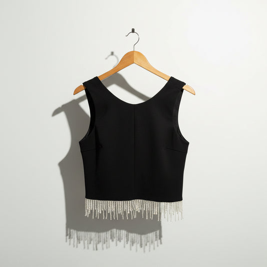 Sunday in Brooklyn Tank Beaded Tassels Crop Black/White Ladies Size S