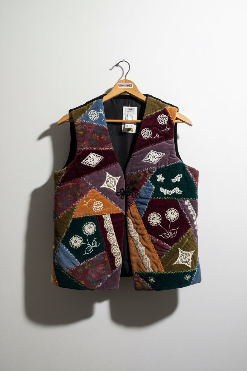 Vintage Vest Quilted Velvet Lace Flowers Multi Ladies Size XL