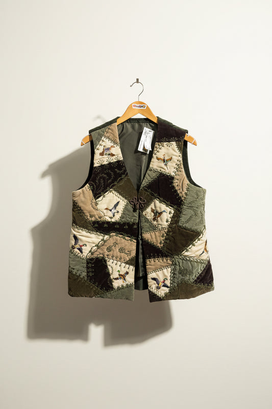 Vintage Vest Quilted Velvet Birds Green Ladies Size XL