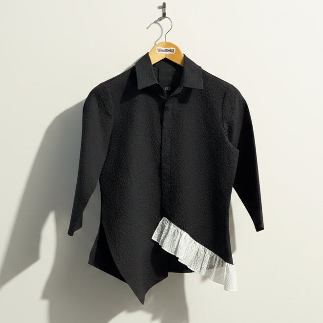 ROE Long Sleeve Blouse With Collar Textured Black/White Ladies Size 2