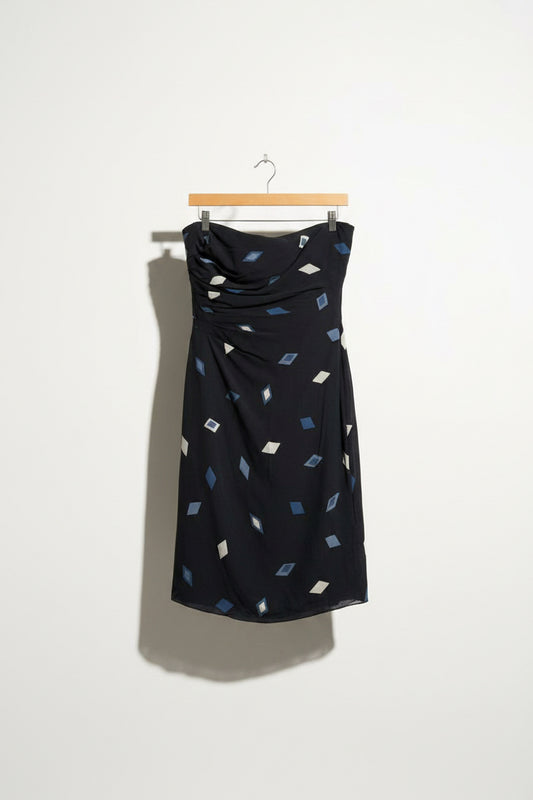 Armani Collezioni Dress Strapless Silk Diamonds Navy/Grey Size 10