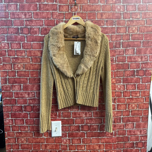 OXOXO Collection open sweater long sleeve w/ fur collar Tan size L