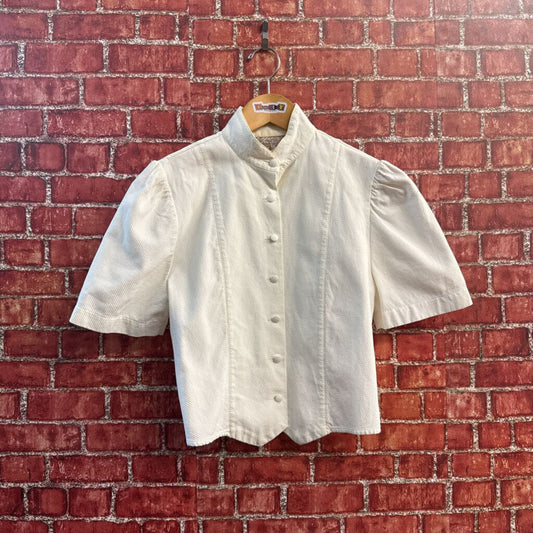 Cotton Square Vintage Button Up Short Sleeve Texture White Size 2