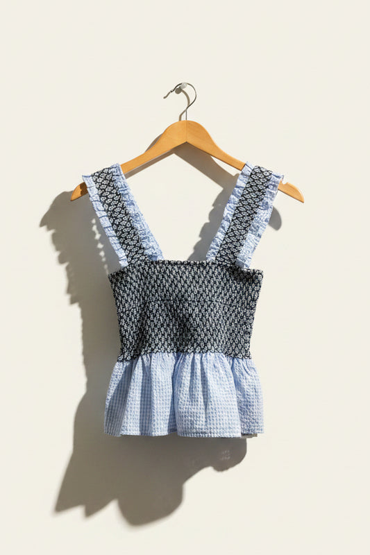 Ganni Smocked Tank Blue/White/Black Ladies Size 34