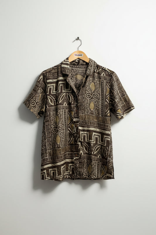 Vintage Silk Button Down Aztec Print Brown Men’s Size M