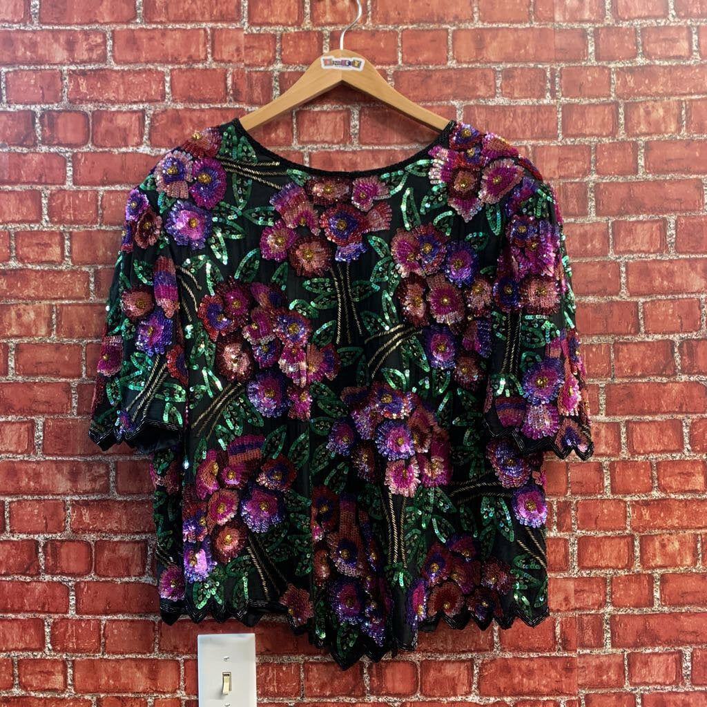 Laurence Kazar Top Silk Sequin Flowers Black/Green/Pink/Purple