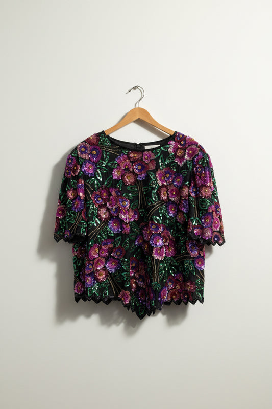 Laurence Kazar Top Silk Sequin Flowers Black/Green/Pink/Purple Ladies Size 2X