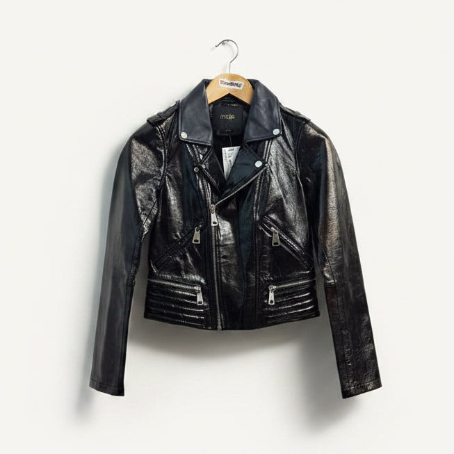Maje Biker Style Leather Jacket Black Size XS