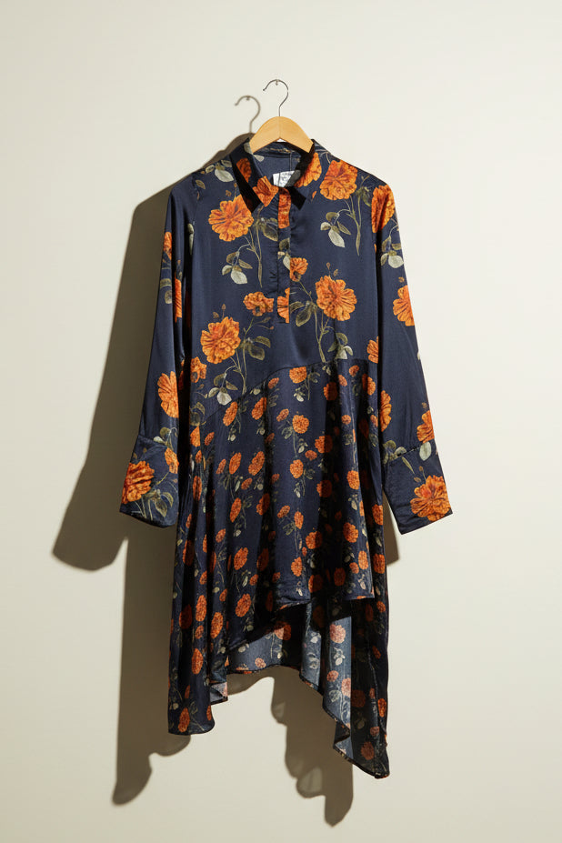 Mother of Pearl Midi Dress Asymmetrical Floral Navy Blue/Orange Size S