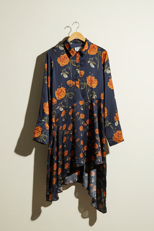 Mother of Pearl Midi Dress Asymmetrical Floral Navy Blue/Orange Size S