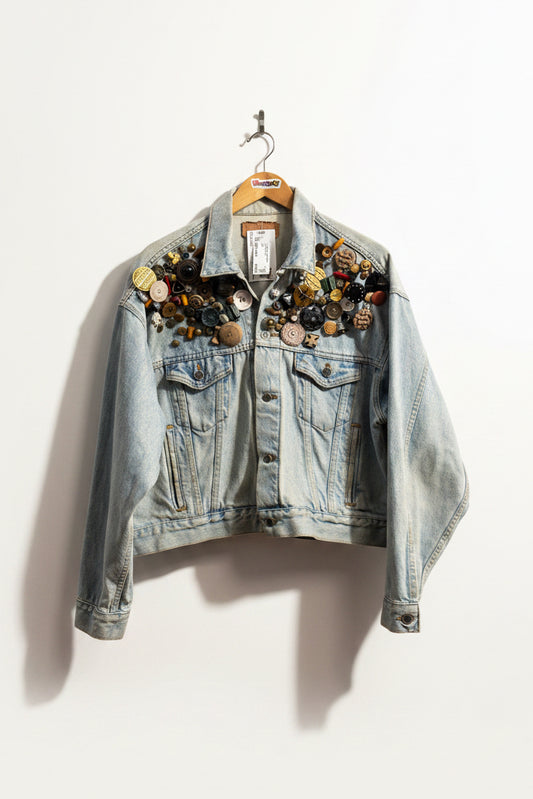 Levis Type III Trucker Jacket 80s So Many Buttons DIY Blue/Multi Men’s Size XL