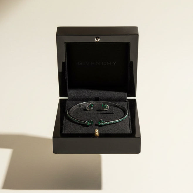 Givenchy Silver Tone Green Crystals