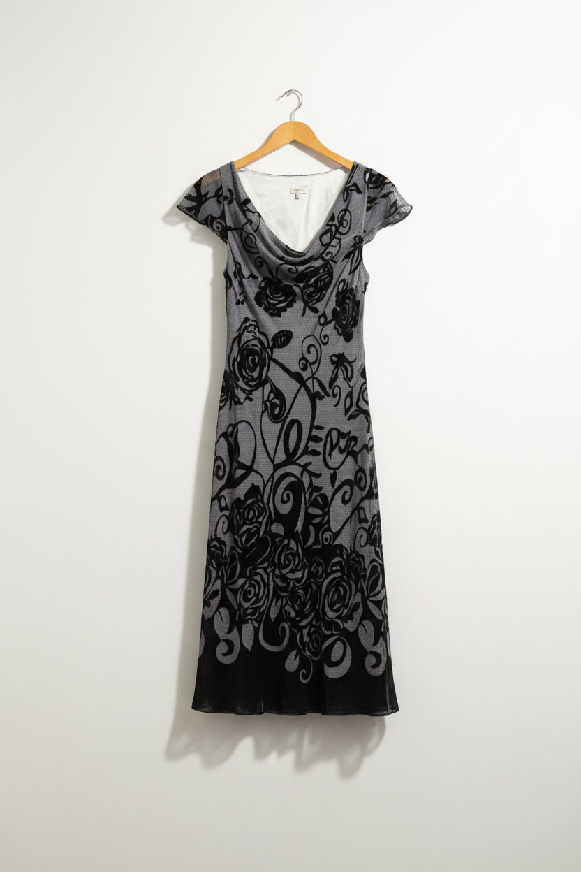 Phase Eight Maxi Dress AS-IS Cap Sleeve Silk/Velvet Floral Grey Size 12