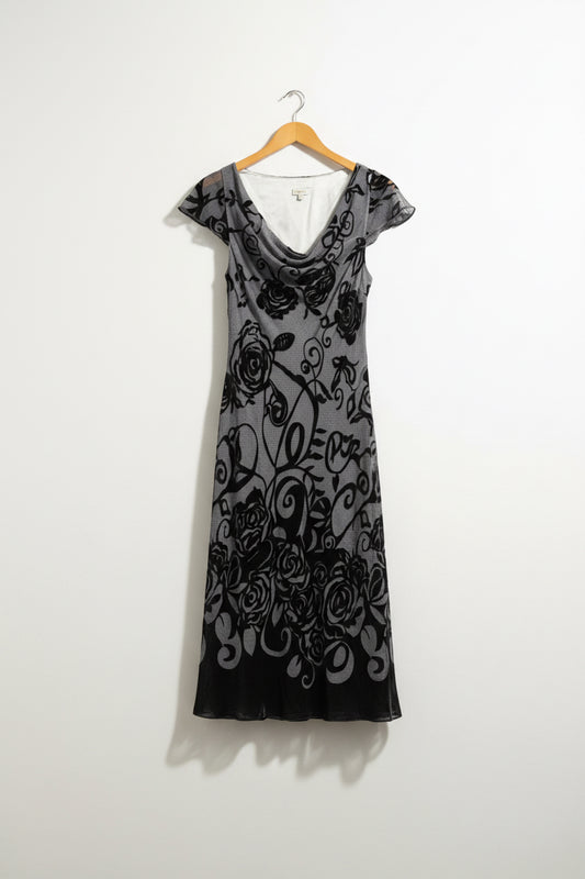 Phase Eight Maxi Dress AS-IS Cap Sleeve Silk/Velvet Floral Grey Size 12