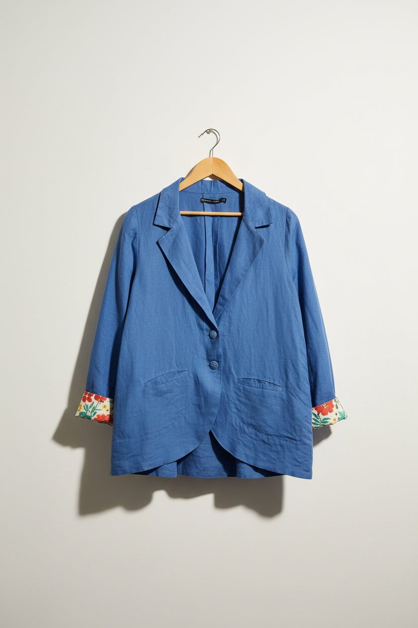 NWT Gudrun Sjoden Blazer Linen Blend Floral Trim Blue Size M