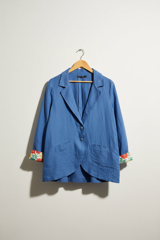 NWT Gudrun Sjoden Blazer Linen Blend Floral Trim Blue Size M