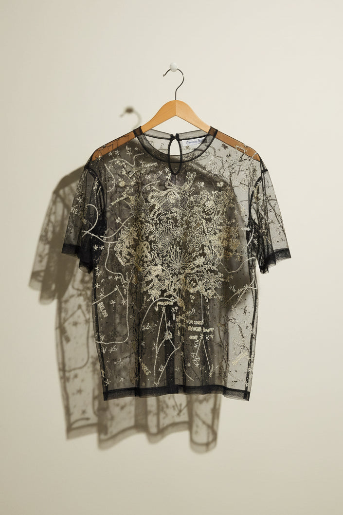 Christian Dior Top Mesh Embroidered Black/Beige/Silver Ladies Size L