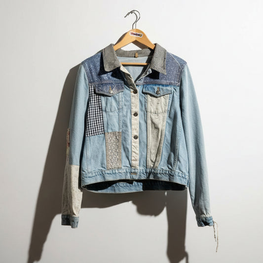 Topshop Patchwork Denim Jacket Light Blue Ladies Size 12