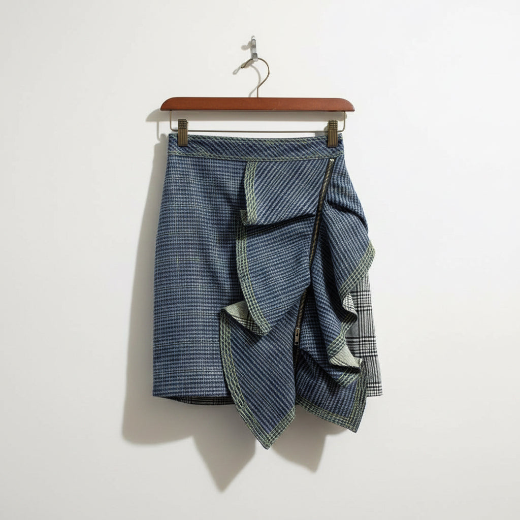 Self-Portrait Asymmetrical Plaid Skirt w/ Zipper Blue/Green/Black/White Ladies Size 2