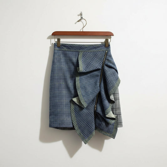 Self-Portrait Asymmetrical Plaid Skirt w/ Zipper Blue/Green/Black/White Ladies Size 2