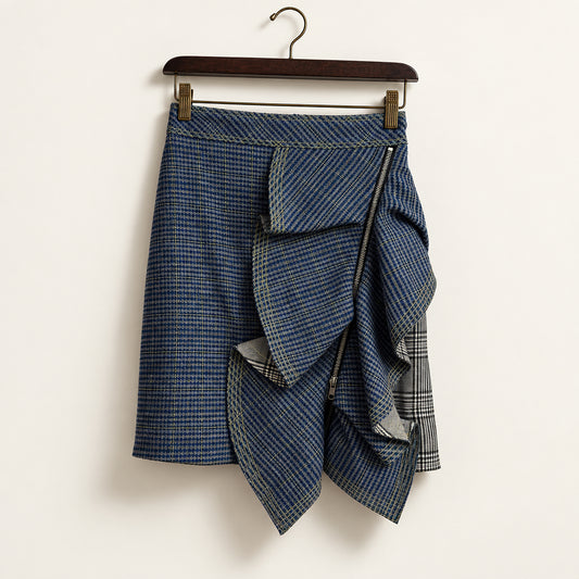 Self-Portrait Asymmetrical Plaid Skirt w/ Zipper Blue/Green/Black/White Ladies Size 2