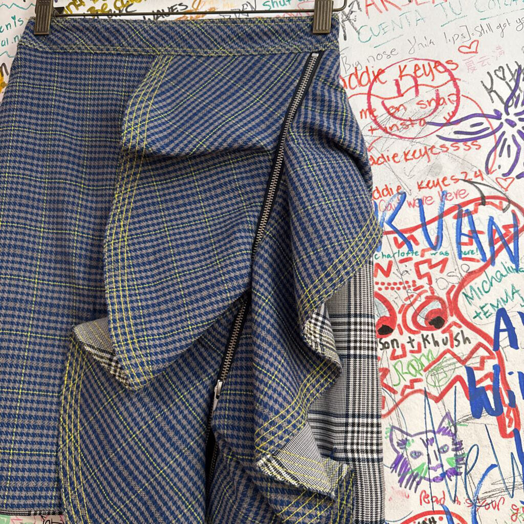 Self-Portrait Asymmetrical Plaid Skirt w/ Zipper Blue/Green/Black/White Size 2