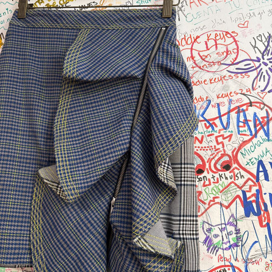 Self-Portrait Asymmetrical Plaid Skirt w/ Zipper Blue/Green/Black/White Size 2