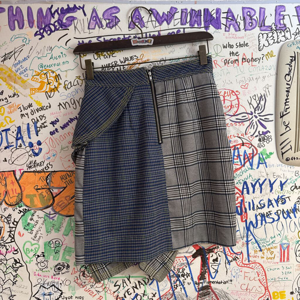 Self-Portrait Asymmetrical Plaid Skirt w/ Zipper Blue/Green/Black/White Size 2
