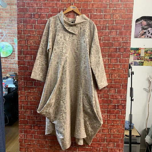 Dress To Kill Long Sleeve Dress Cowl Neck Floral Metallic Tan OS