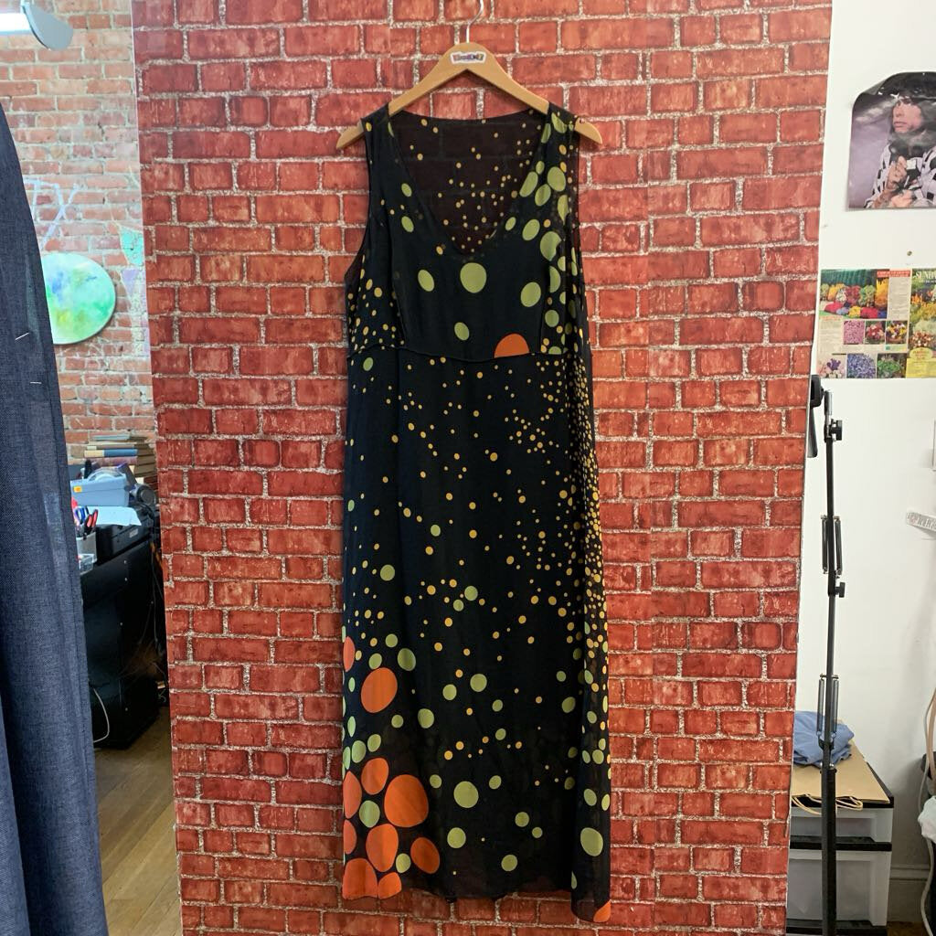 Johnny Was Silk Maxi Dress Tank Dots Black/Green/Yellow Size L