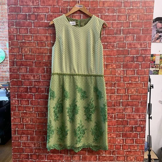 Sara Campbell Midi Dress Checker Mesh Floral Bottom Beige/Green Size 14