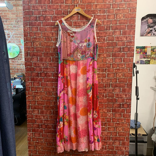 Johnny Was Maxi Dress Silk Tank with Slip Floral Pink/Multi Size L