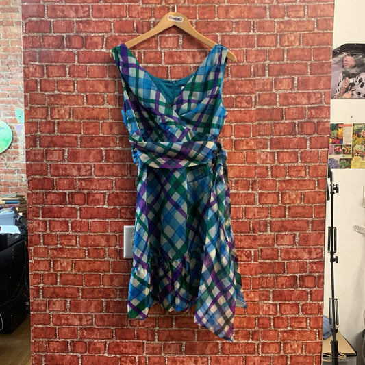 Anna Sui Silk Vintage Midi Dress Tank Painted Plaid Blue/Purple/Green Size 12