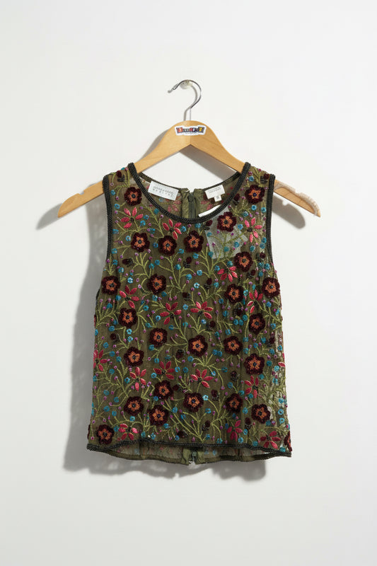 Carol Horn's Habitat Vintage Silk Tank Embroidered Floral Olive Green Ladies Size S