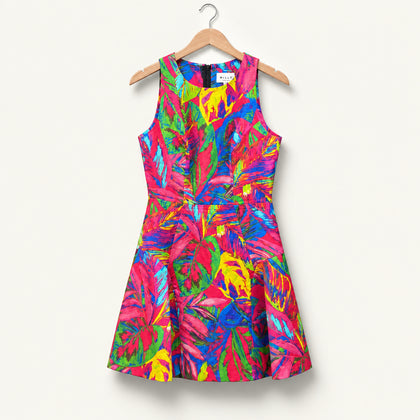 Milly Midi Dress Tank Leaves Neon Pink/Multi Ladies Size 4