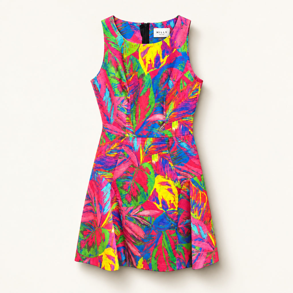 Milly Midi Dress Tank Leaves Neon Pink/Multi Size 4