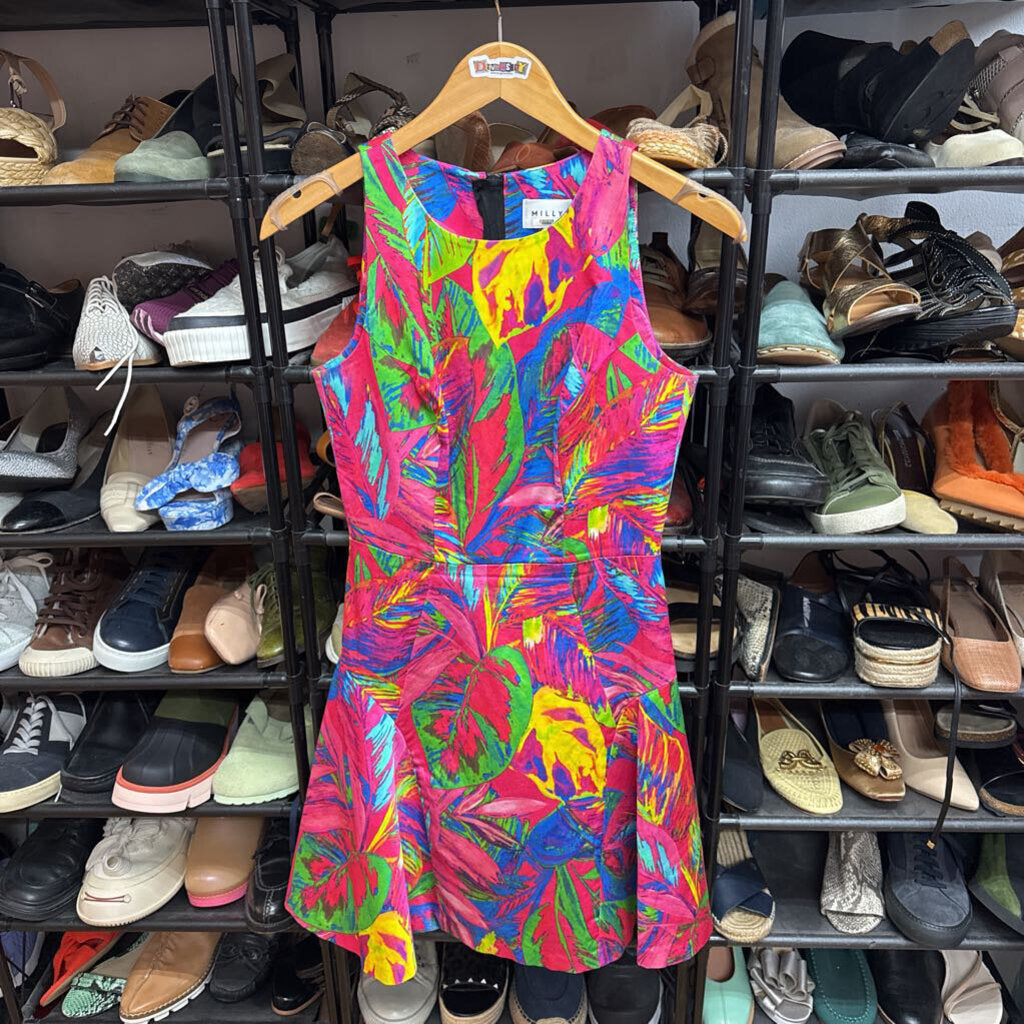 Milly Midi Dress Tank Leaves Neon Pink/Multi Size 4