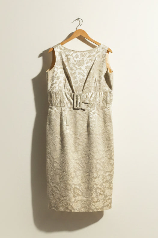 Vintage Midi Dress Tank Floral Brocade Belt WhiteSilver Ladies Size L