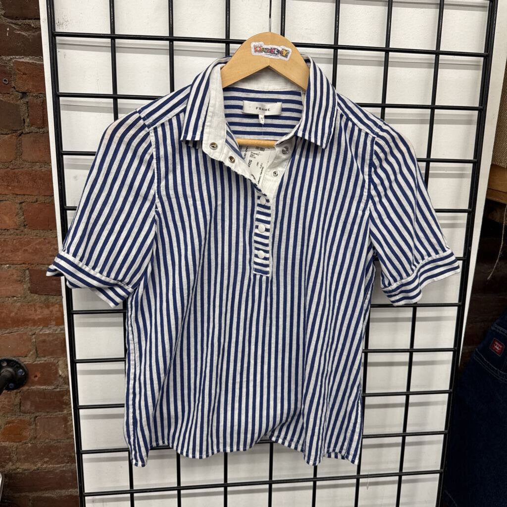 FRAME Polo Top Snaps Stripes Blue/White Size XS