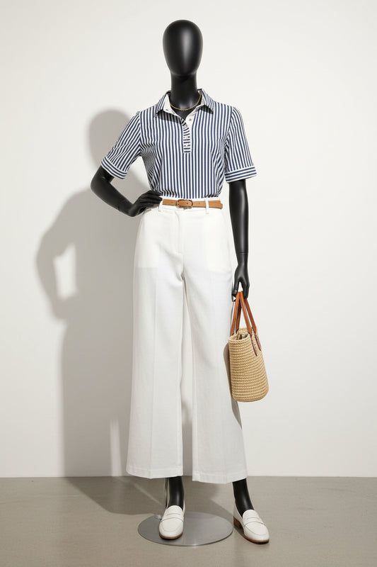 FRAME Polo Top Snaps Stripes Blue/White Size XS
