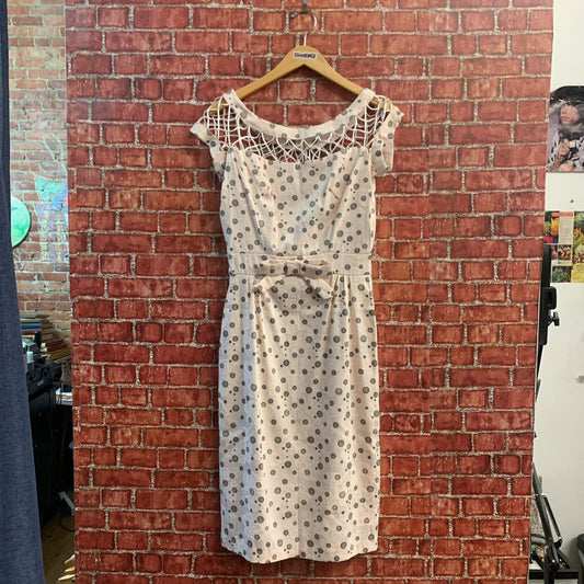 Tatyana Midi Dress Polka Dots Wide Netting Collar Pink/Black Size M