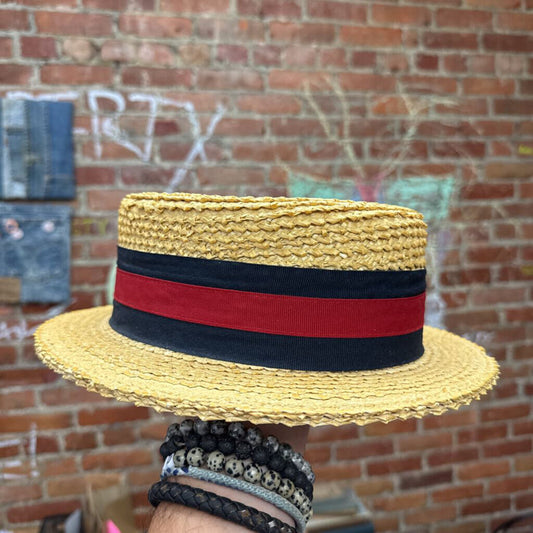 Scala Classico Woven Straw Boater Hat Tan/Navy/Red Size S