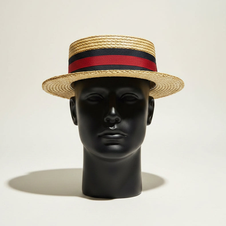 Scala Classico Woven Straw Boater Hat Tan/Navy/Red Size S