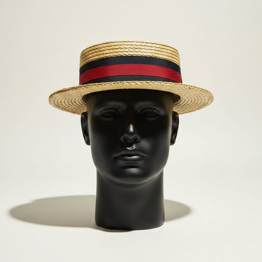 Scala Classico Woven Straw Boater Hat Tan/Navy/Red Size S
