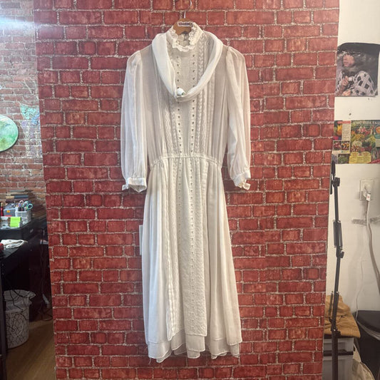 Bill Geoffreys Vintage Dress Sheer Mock Neck Embroidered White Size 12