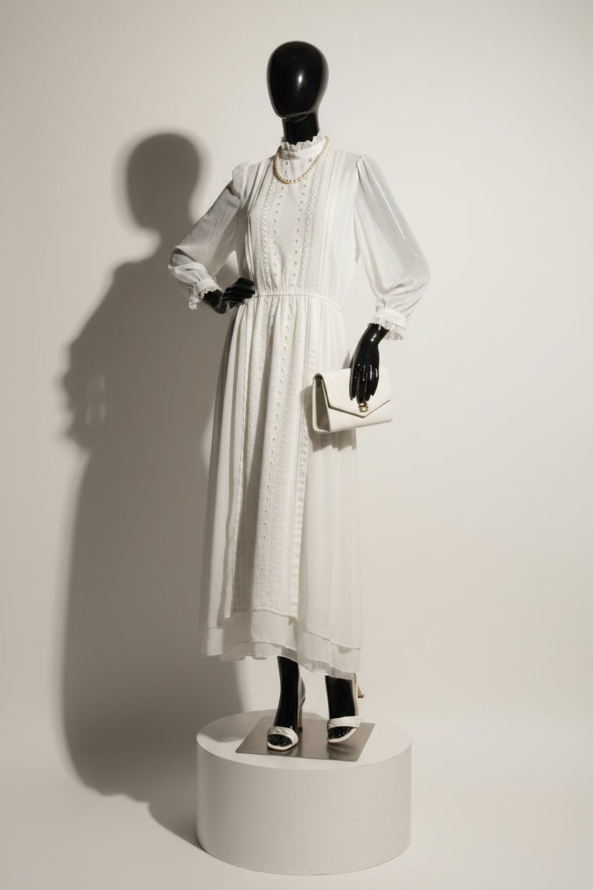 Bill Geoffreys Vintage Dress Sheer Mock Neck Embroidered White Size 12