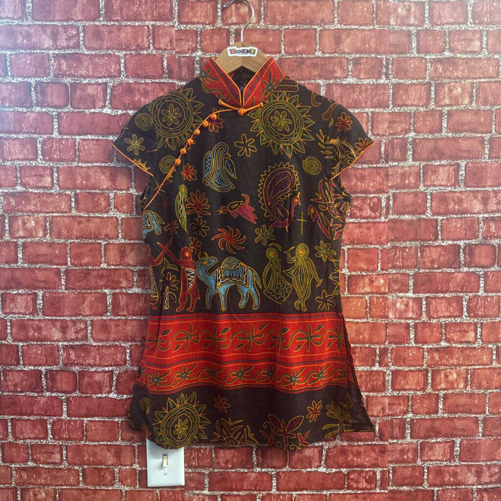 OCHI Tunic Cap Sleeve Mock Neck Abstract Animals Linen Brown/Multi Size 8