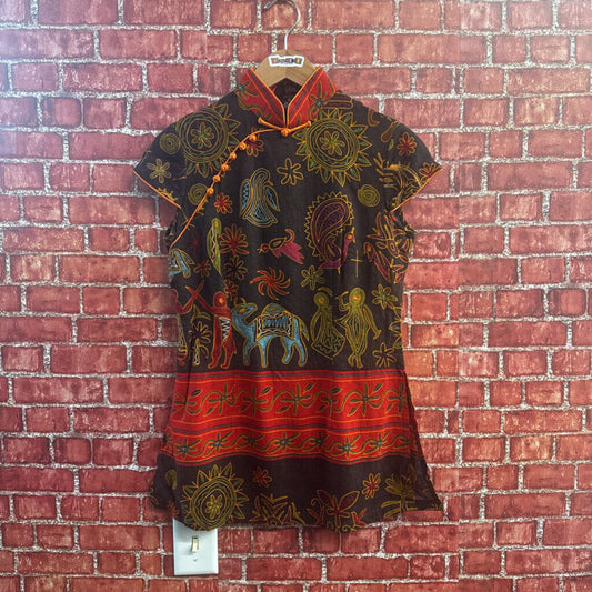 OCHI Tunic Cap Sleeve Mock Neck Abstract Animals Linen Brown/Multi Size 8
