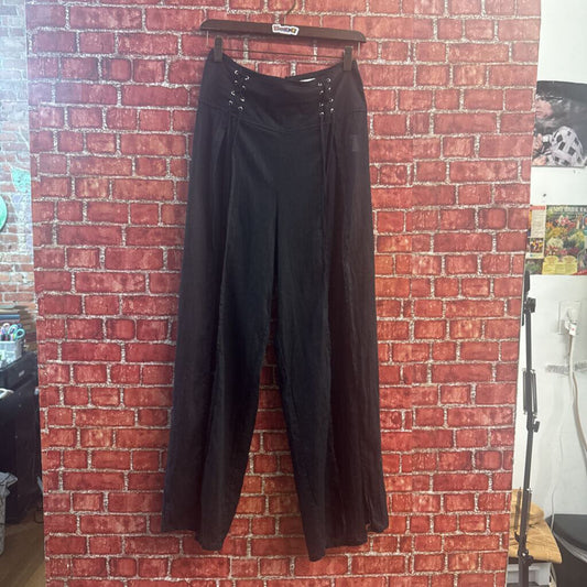 Hello Molly Pants Linen Full Front Slit Lace Up Ties Black Size L