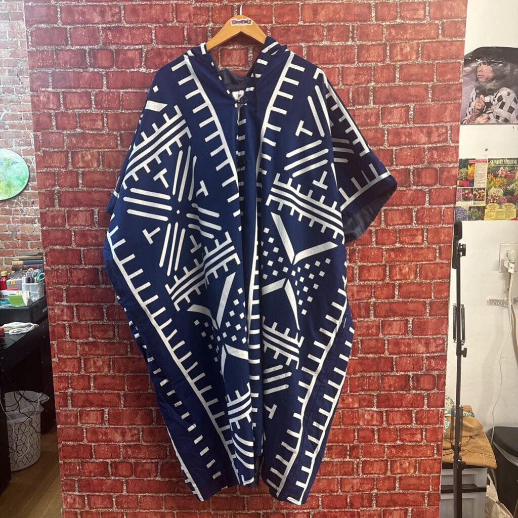 KaraChic by NF Hooded Kimono Style Jacket Long Patterned Blue/White OS